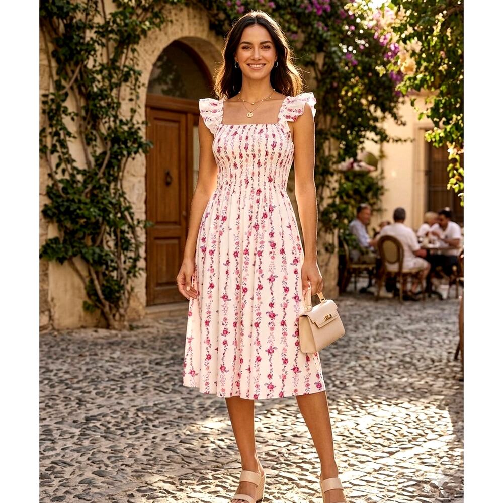 FRANCESCA'S Marry Ruffle White Pink Floral Midi Cotton Dress Lined Medium NEW